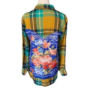 Aratta Silent Journey Small Plaid Button Flannel Embroidered Floral Shirt Boho